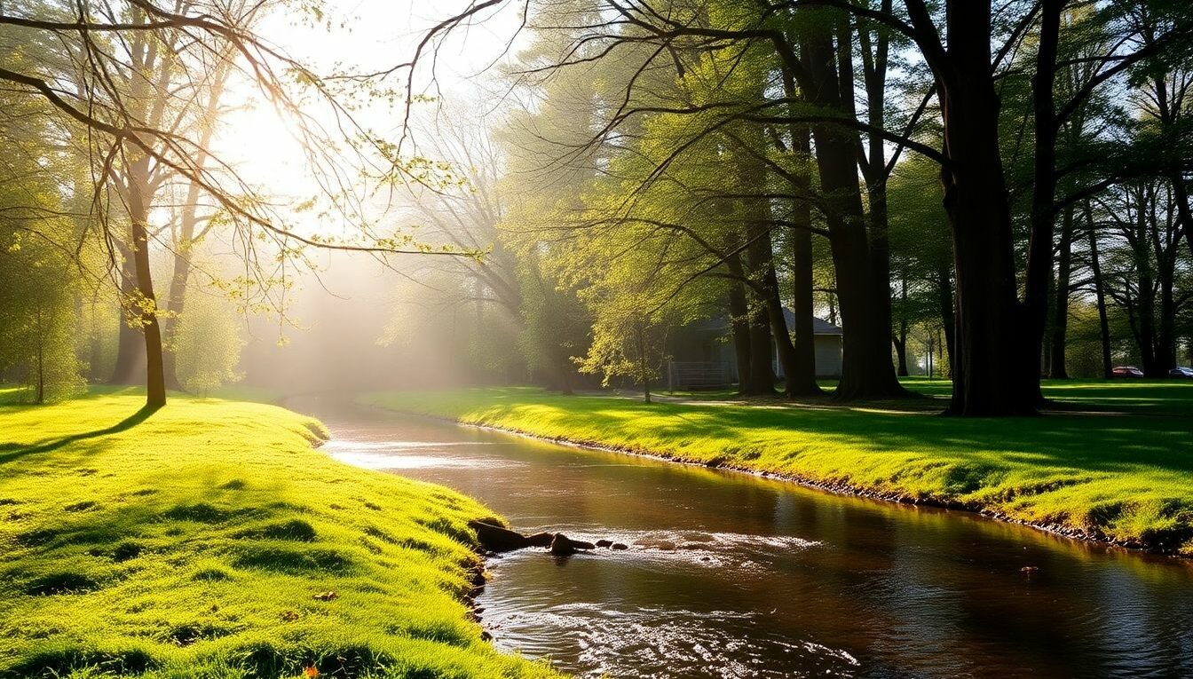 Peaceful natural scene with flowing water and soft sunlight.