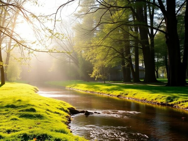 Peaceful natural scene with flowing water and soft sunlight.
