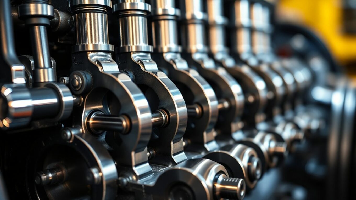 Moteur diesel avec pistons et vilebrequin en gros plan.