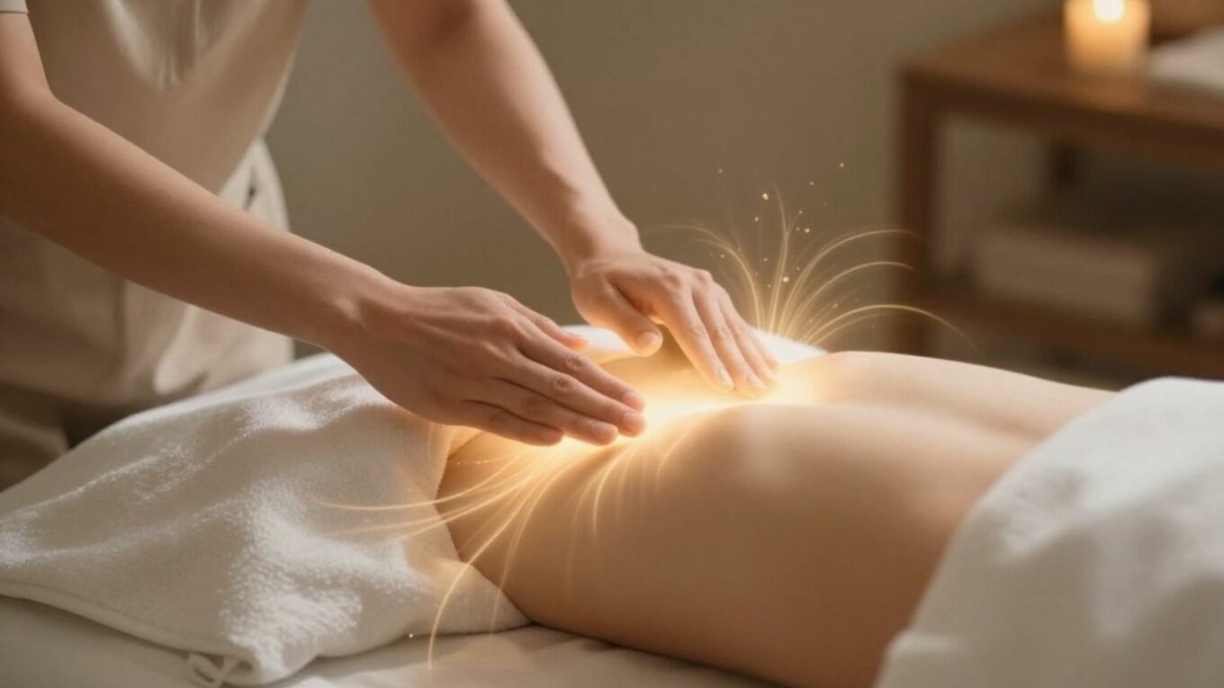 Mains pratiquant le Reiki sur une personne détendue.