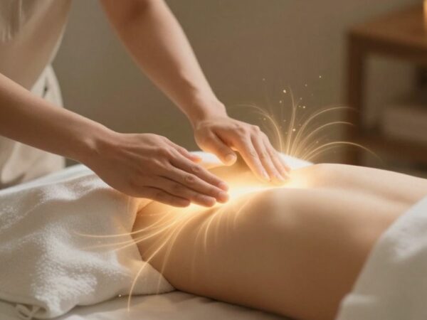 Mains pratiquant le Reiki sur une personne détendue.