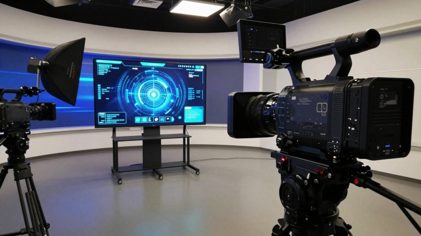Caméra vidéo professionnelle et interface IA futuriste.
