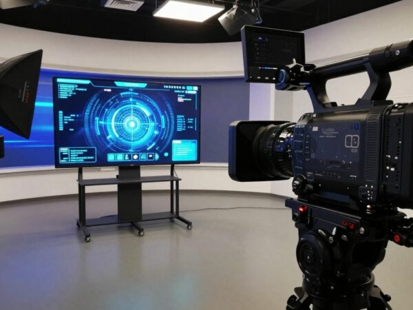 Caméra vidéo professionnelle et interface IA futuriste.