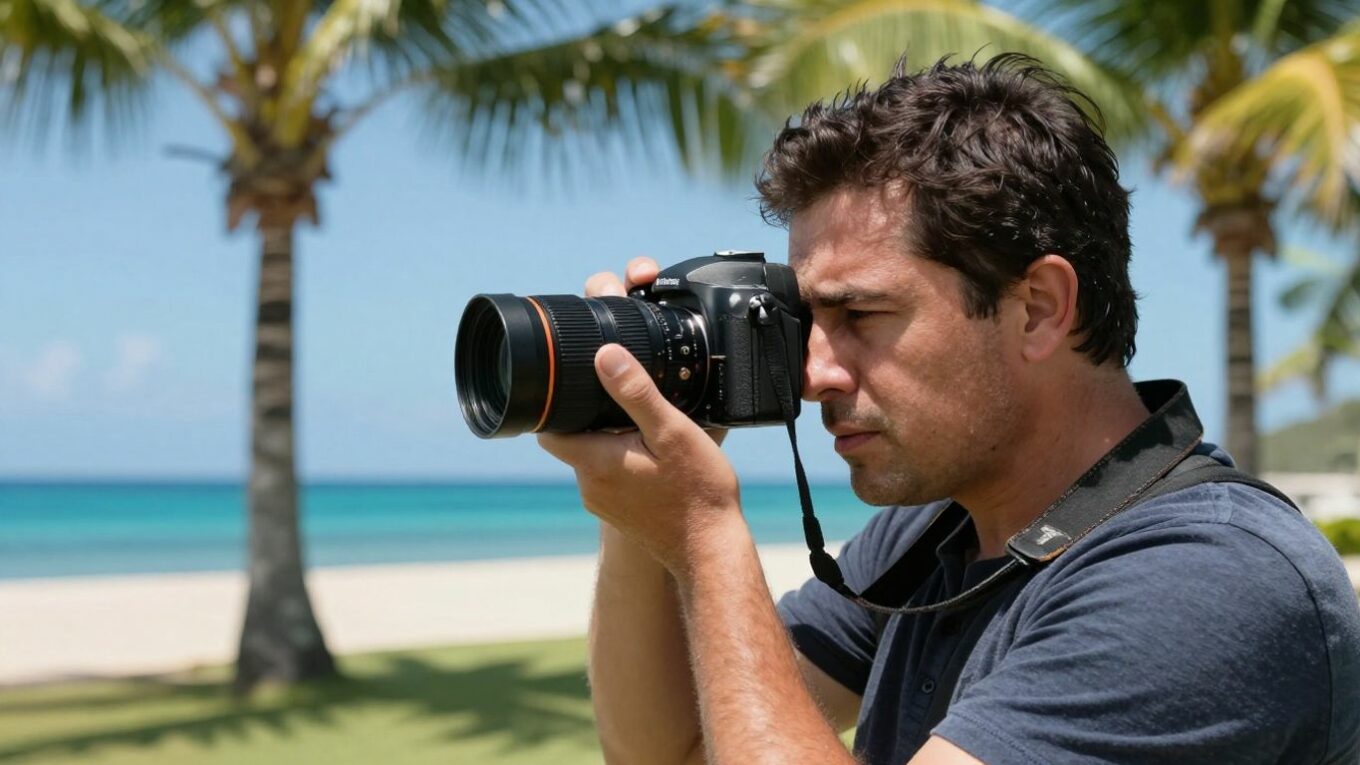 Réalisateur vidéo aux Antilles, caméra en main, soleil et palmiers.