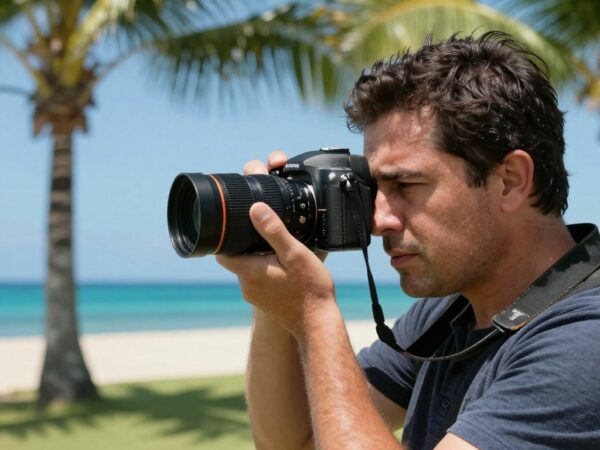 Réalisateur vidéo aux Antilles, caméra en main, soleil et palmiers.