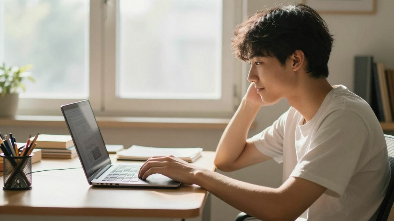 Stagiaire PNL en pleine réflexion devant son ordinateur.