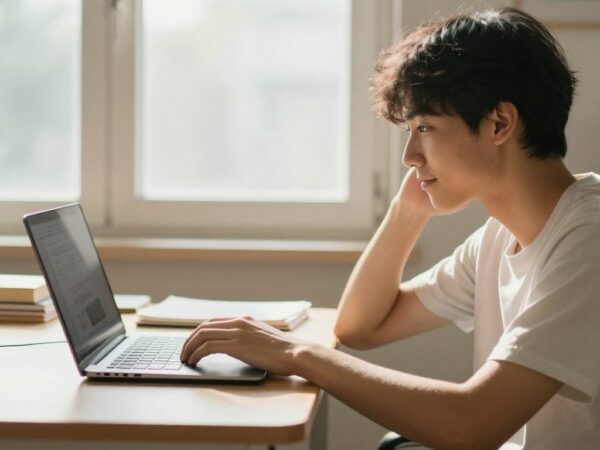 Stagiaire PNL en pleine réflexion devant son ordinateur.