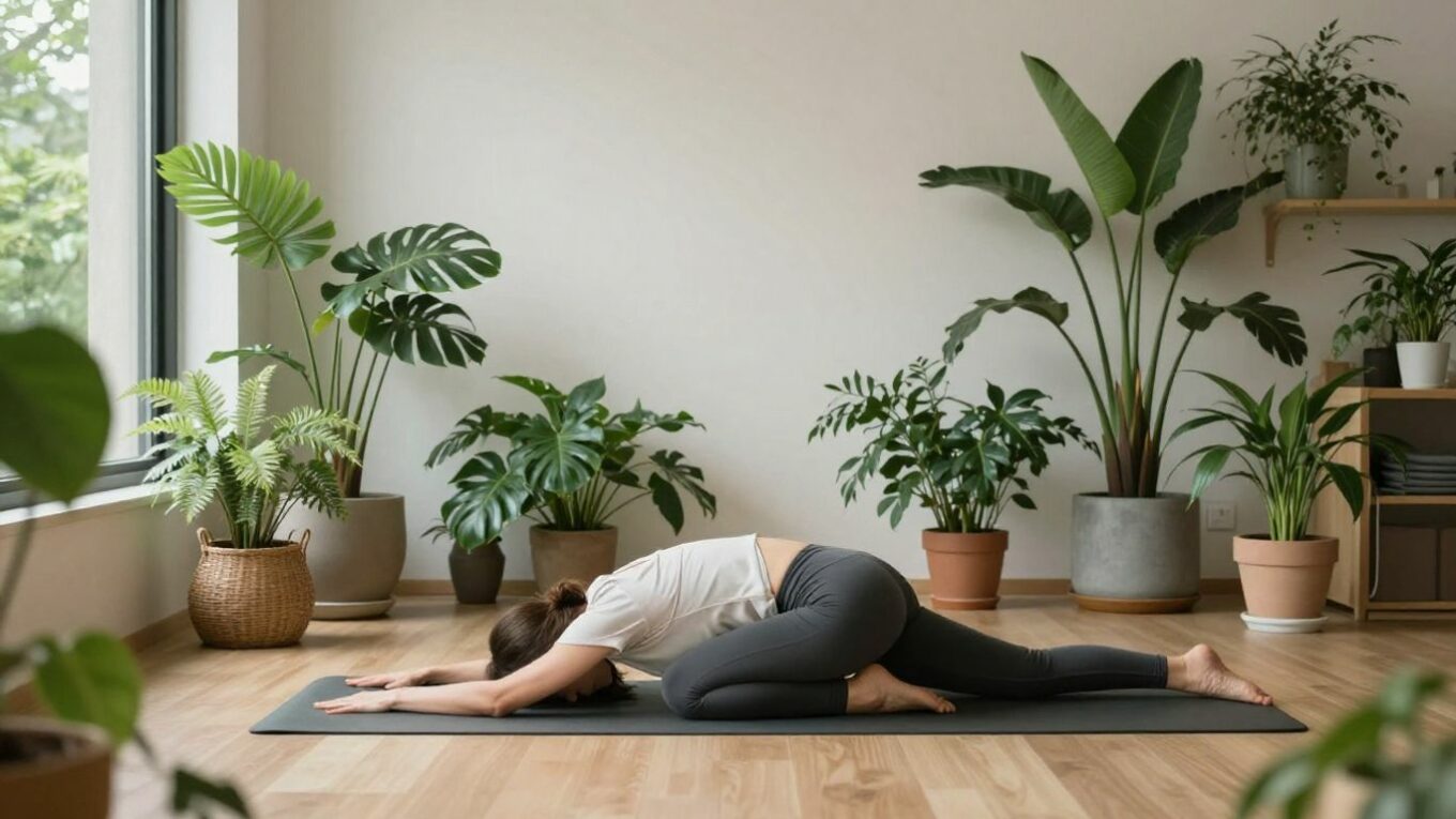 Femme pratiquant le yoga dans un studio lumineux à Lausanne.