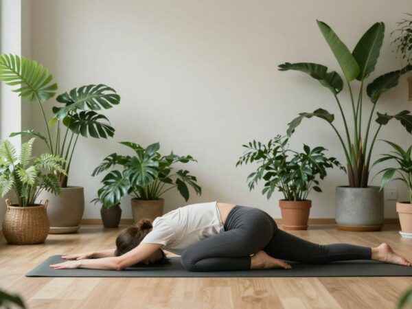 Femme pratiquant le yoga dans un studio lumineux à Lausanne.
