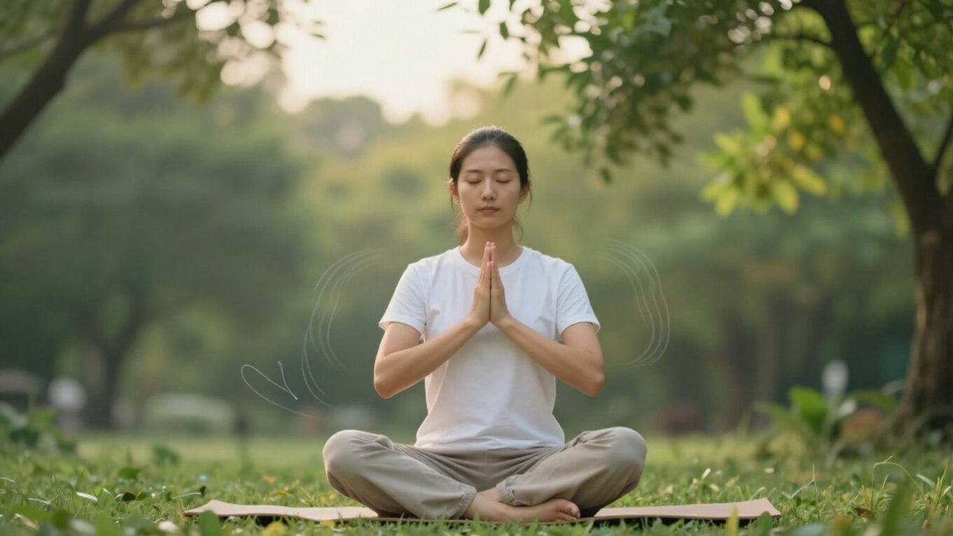 Personne méditant dans un cadre naturel paisible.