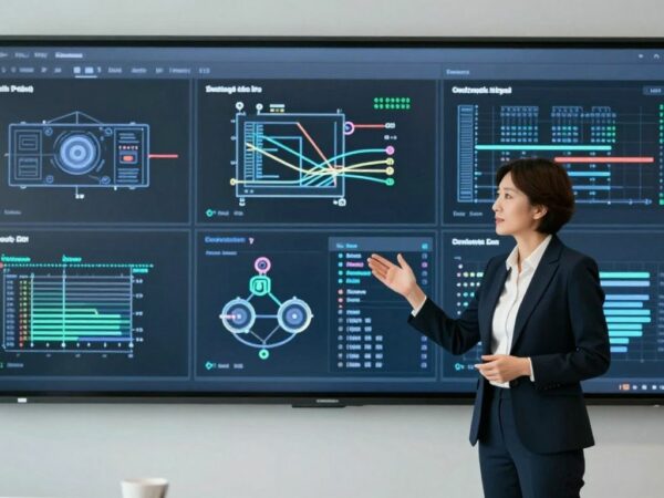 Consultant audiovisuel travaillant dans un bureau moderne.