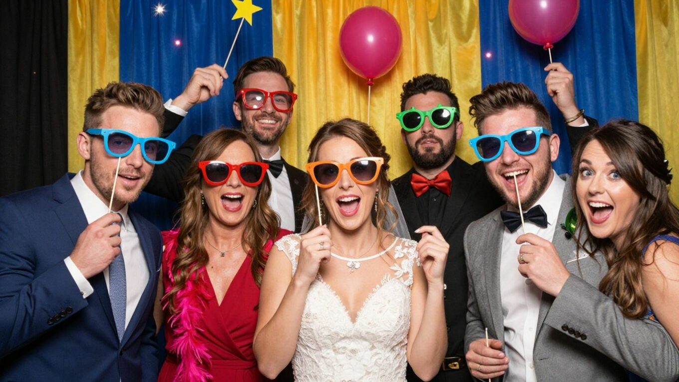 Invités souriants dans une cabine photo de mariage avec des accessoires amusants.