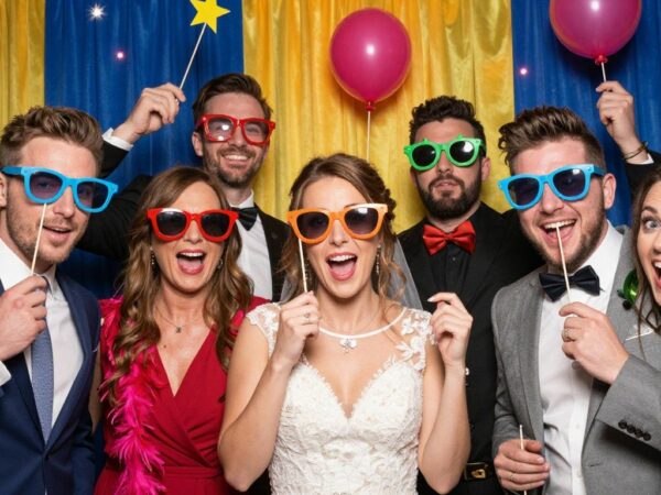 Invités souriants dans une cabine photo de mariage avec des accessoires amusants.